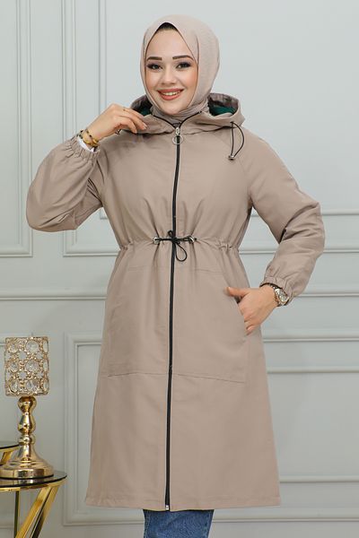 Moda Ebva Waist Tied Hooded Trench Coat-1905 Mink
