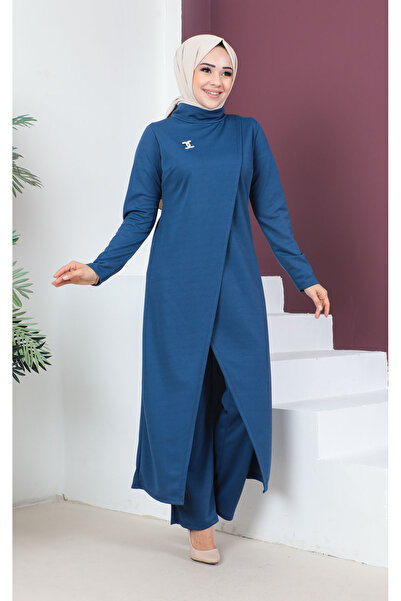 Moda Ebva Broşlu Asimetrik Kesim Ikili Takım-3132 Indigo
