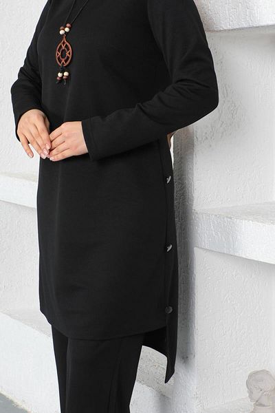 Moda Ebva Necklace Button Detailed Double Hijab Suit-3127 Black