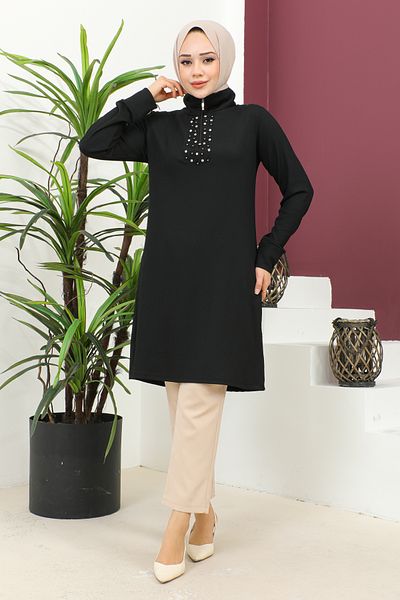 Moda Ebva Stone and Pearl Detailed Hijab Tunik-3162 Black