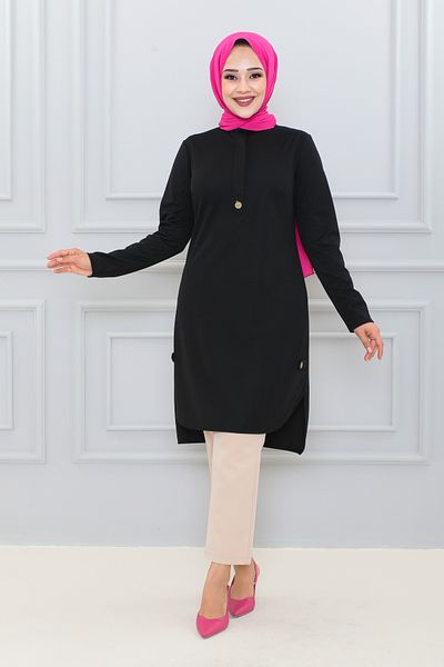 Moda Ebva Hijab tunic with Button Detail on the Sides-3145 Black