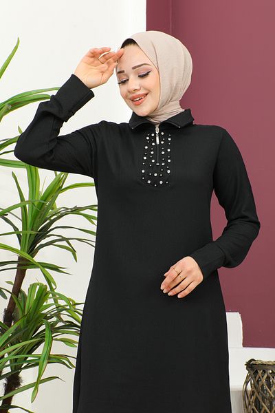 Moda Ebva Stone and Pearl Detailed Hijab Tunik-3162 Black