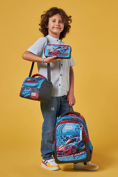 Coral High Set de 3 genți de școală cu model de mașină de curse gri albastru - SET 0123652