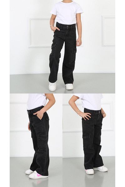GULLİS KİDS Elastic Waist Girls' Cargo Pocket Wide Leg Jeans