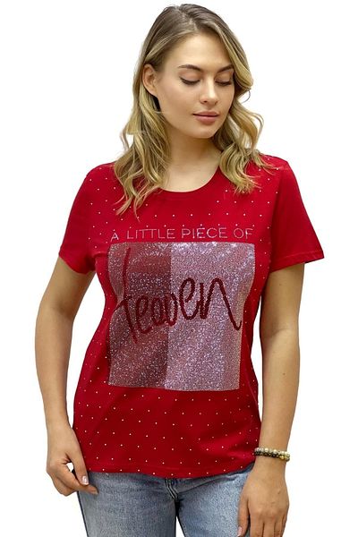 RICH GLAM Heaven Crystal Stone Large Size Crew Neck Cotton Red Women's T-Shirt L XL 2XL 3XL