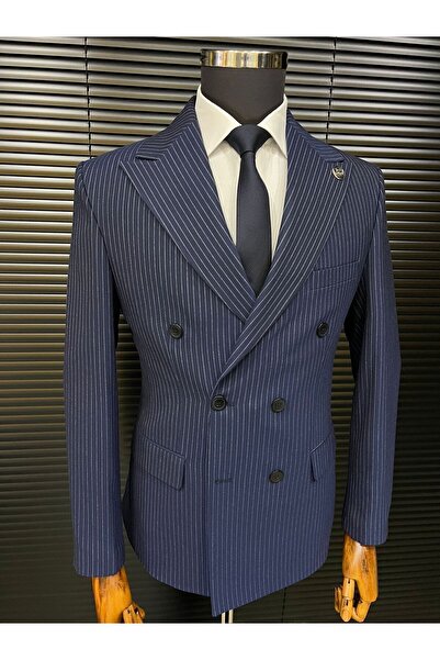 Terziayhan lacivert slim fit çizgili kemik düğme kruvaze