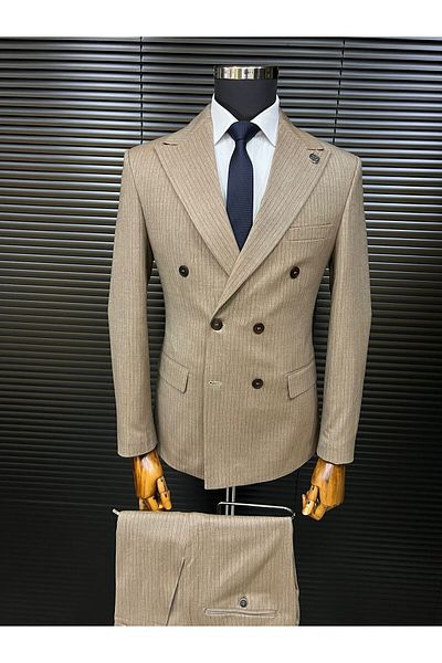 Terziayhan brown slim fit striped bone button double breasted