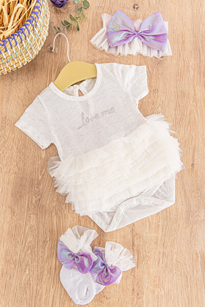 Babymod Tütü Etekli Fiyonklu Bandanalı Kız Bebek Tulum Takım