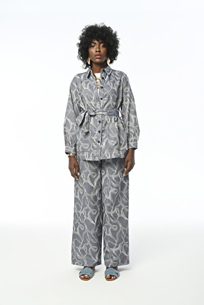 Orfeo Negro Women's Double Pocket Patterned Belt Navy Blue Jacket