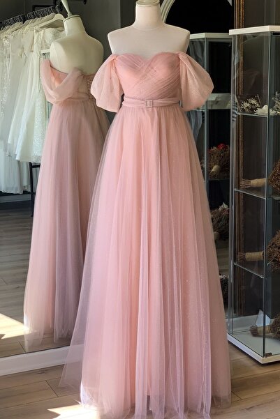 Lenta Moda Pudra Simli Drapeli Maxi Boy Kemer Detaylı Transparan Abiye ve Gece Elbisesi