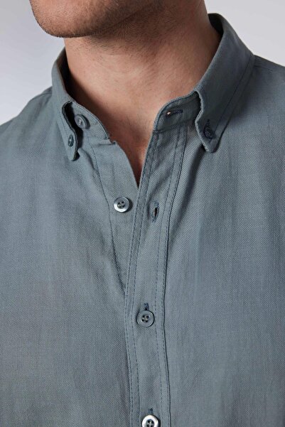 Tudors Gray Slim Fit Men's Shirt - 100% Cotton Linen, Short Sleeve, Buttoned Collar
