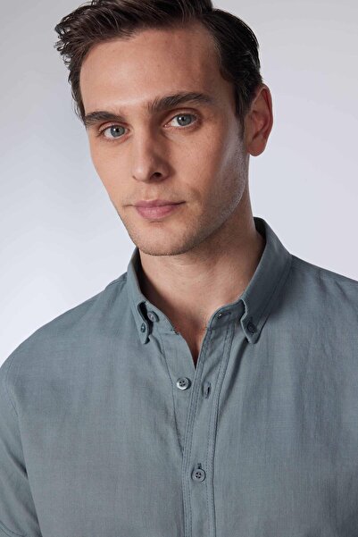 Tudors Gray Slim Fit Men's Shirt - 100% Cotton Linen, Short Sleeve, Buttoned Collar