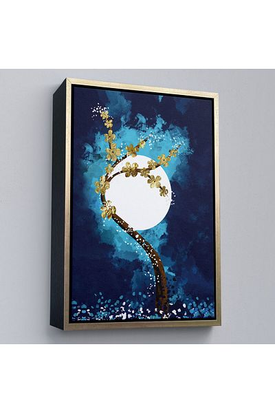 Harita Sepeti Pictură pe pânză cu cadru de copac cu flori aurii și lună, exemplu de artă contemporană abstractă-4971