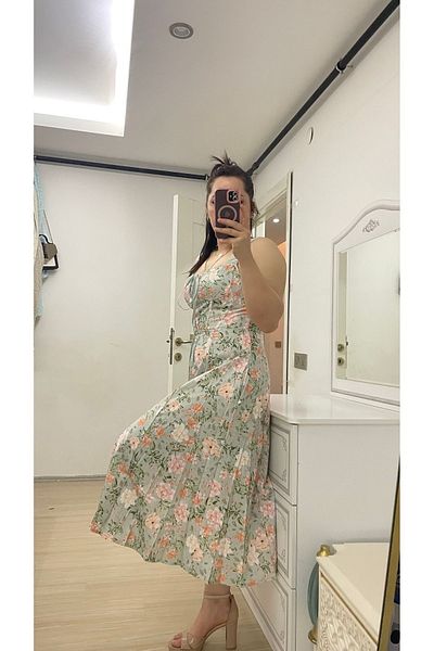 NESLİHAN KOCA Floral Γυναικείο Φόρεμα Πράσινο Μέντα Φόρεμα με τσέπες στο πλάι