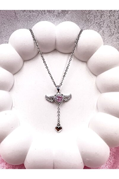 belle Cherie Jewelry Kadın Pembe Kristal Melek Kanatlı Kalpli 316l Çelik 40-45cm Gümüş Kolye
