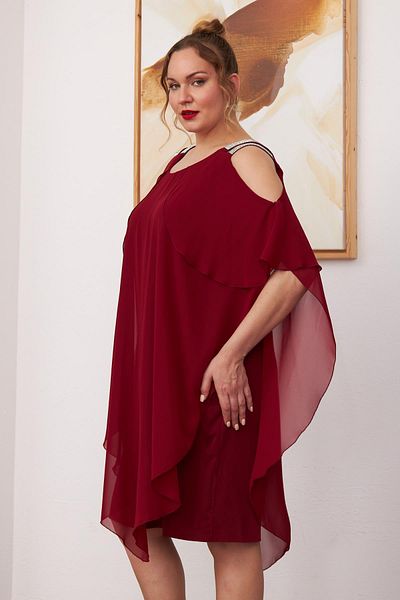 RMG Shoulder Stone Detailed Chiffon Plus Size Claret Red Dress