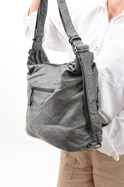 571 Collections Çanta Gray Faux Leather Soft Shoulder Bag - Backpack (Model: 571-11-13B)
