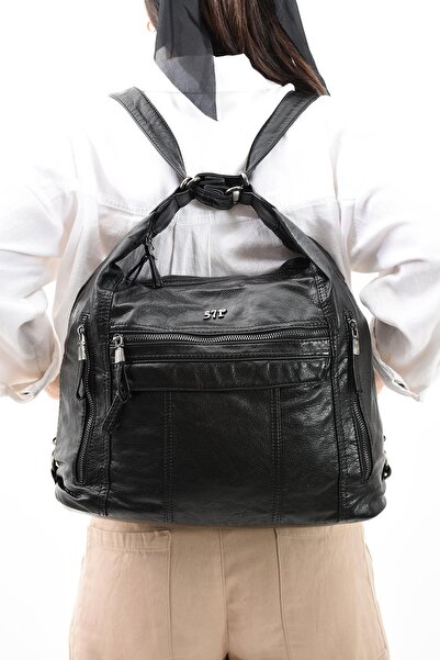 571 Collections Çanta Black Faux Leather Soft Shoulder Bag - Backpack (Model: 571-11-13B)