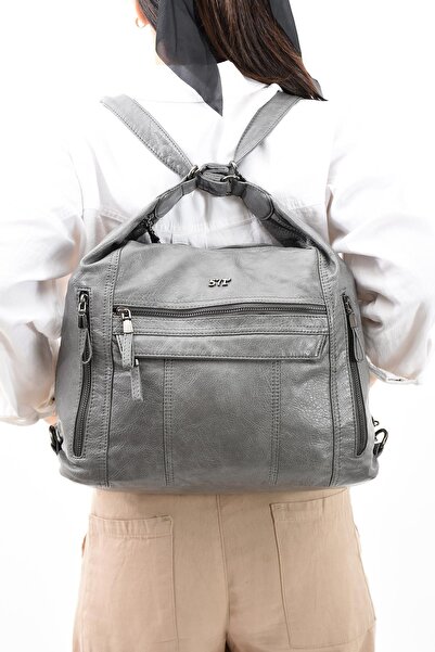 571 Collections Çanta Gray Faux Leather Soft Shoulder Bag - Backpack (Model: 571-11-13B)