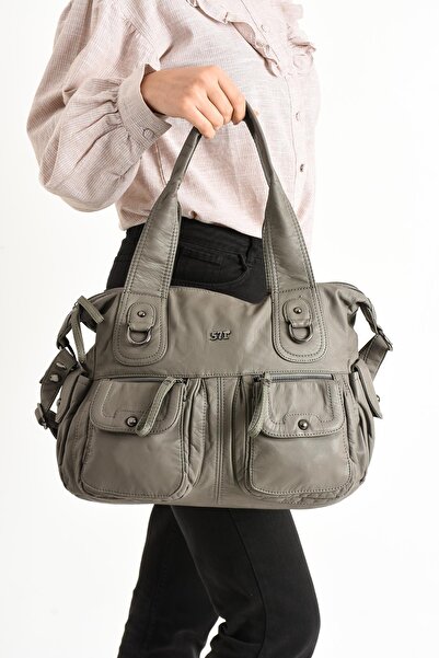 571 Collections Çanta Gray Faux Leather Shoulder Bag - Crossbody and Multi-Compartment (Model: 571-11-10F)