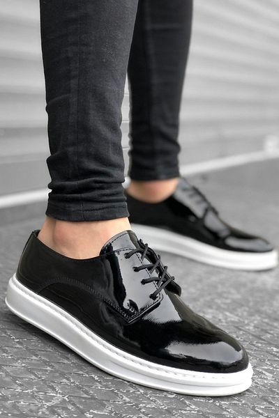 BOUIS Men's Black White Patent Leather Lace-Up Casual Daily Shoes High Thick Sole Light Comfortable Sole Sneaker