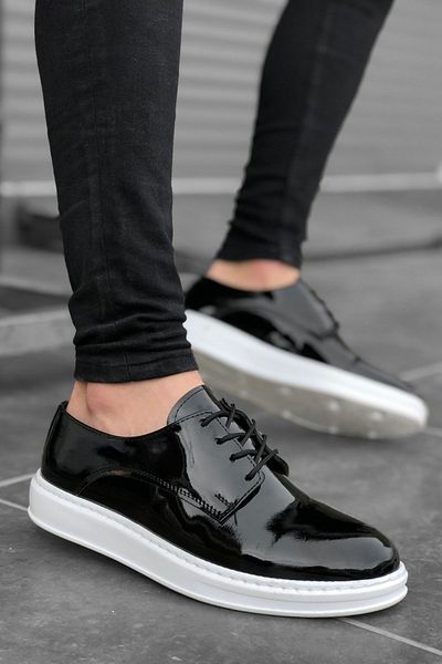 BOUIS Men's Black White Patent Leather Lace-Up Casual Daily Shoes High Thick Sole Light Comfortable Sole Sneaker