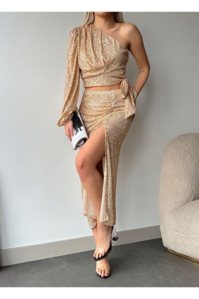 MONAMORE PULLU ONE SHOULDER BLUZ SLIT SKIRT SET