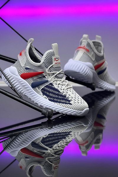 BOUIS Alb Bleumarin Elastic - Pantofi sport flexibili, ușori, eleganti, pentru copii