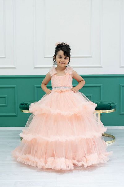 zde dikim evi Light Pink Double Layer Tulle Children's Evening Dress Princess Dress Wedding and Birthday Outfit