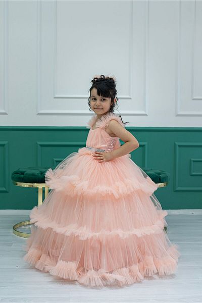 zde dikim evi Light Pink Double Layer Tulle Children's Evening Dress Princess Dress Wedding and Birthday Outfit