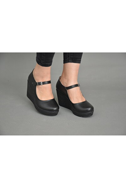 akınabella Black Leather - Wedge Sole and Ankle Buckle Shoes
