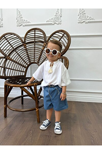 bohemiankids baby wear White Short Sleeve Şile Top Blue Cotton Shorts Suit New