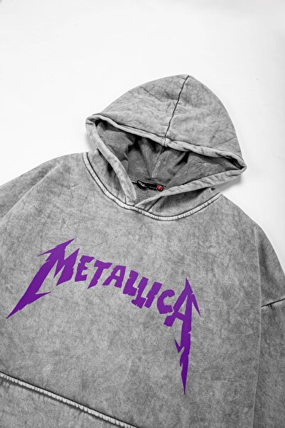 Sekizbiraltı Φούτερ με κουκούλα σε πλυμένο λευκό Metallica Purple με στάμπα μεγάλου μεγέθους