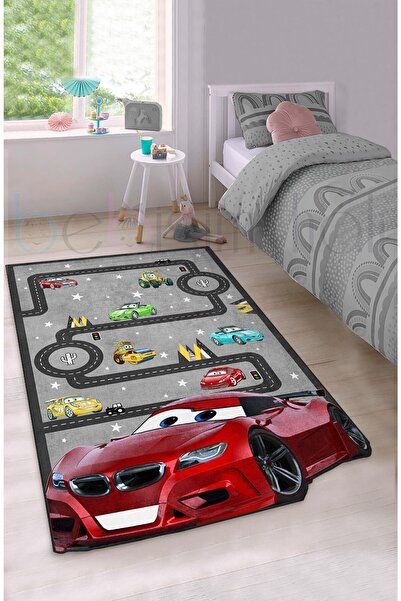 Bebişim Halı Eğitici Yol Yarış Kırmızı Şimşek Araba Desenli Çocuk Odası Halısı
