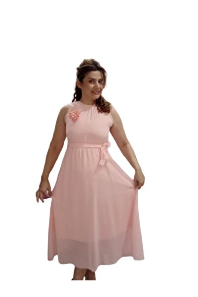 ZY BUTİK Chiffon Midi Dress - Powder Halter Collar and Flower Brooch Detail