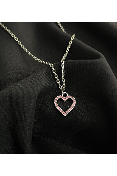 sleyshop zirkon taşlı pembe renk kalp kolye