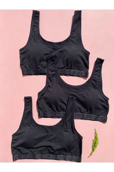 LEYNA BUTİK 3-Pack Cotton Half Tank - Removable Pad, Black Color, M=70-75 L=80-85 XL=90-95 2XL=100-105