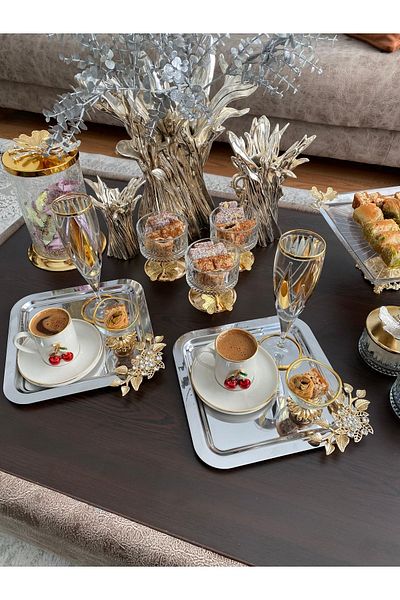 atabey home collection 6-Piece Coffee & Tea & Presentation Tray Steel Silver Tray LUXURY STONE Model