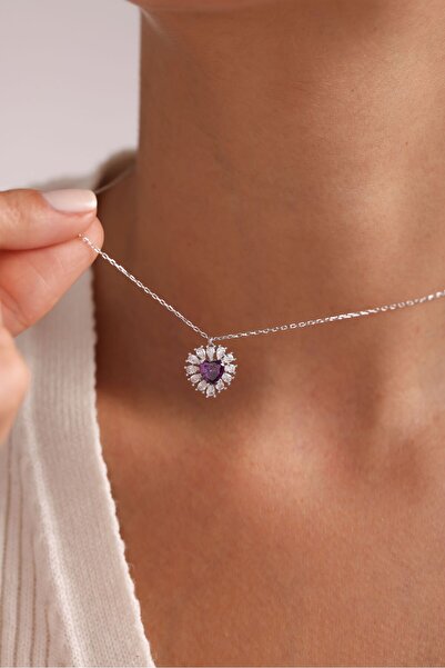 Nereze 925 Ayar Gümüş Rodyum Kaplama Baget Taşlı Mor Kalp Kolye