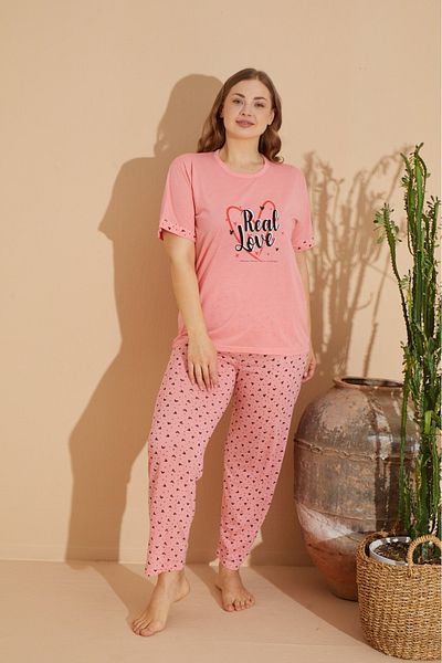 makkash Heart Printed Cotton Puppy - Battal Bottom Long Women's Pajama Set