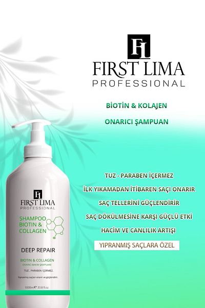 First Lima Professional 1000 ml Biotin and Collagen Shampoo - Strong Effect Against Hair Loss, Repairing Care and Vitality
