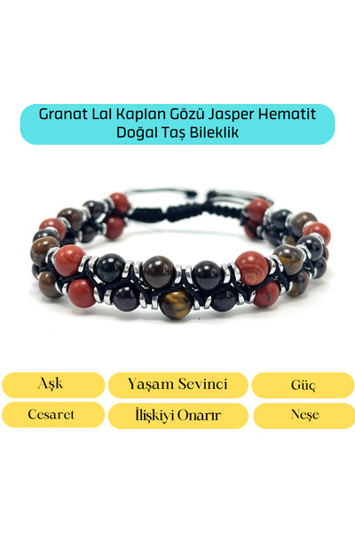 YILDIZ DOĞAL TAŞ SERTİFİKALI Jasper Granat Lal Kaplan Gözü Çift Sıra Makrome ...