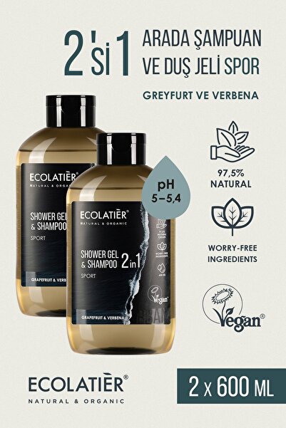 ECOLATIER Erkek Şampuan ve Duş Jeli 2’si 1 Arada 600 ml x2 Set Spor Greyfurt ...