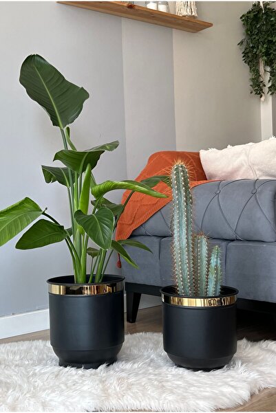 Özge Dekorasyon 2’li Metal Vazo Saksı Çiçeklik Saksılık Dekoratif Siyah Gold 30x26,5cm - 26x24,5cm