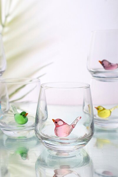 ADAMODART Colorful Birds Handmade Glass Figured Chubby Brown Side Set of 6