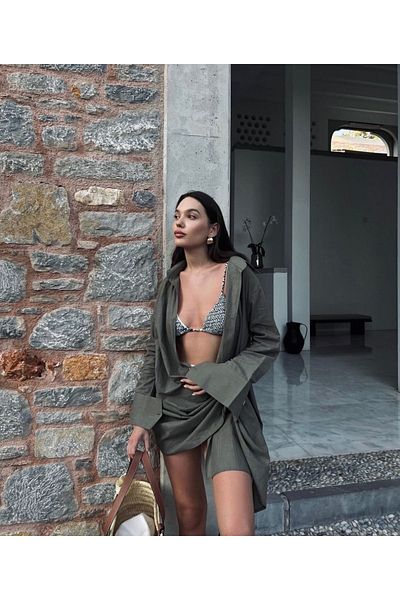 PELIA Rochie cămașă de in verde kaki Libari