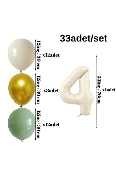 Konsept Sepeti 4 Years Old Retro Mold Green Chrome Gold Balloon Set - Happy Birthday Banner (WITH BALLON BAND GIFT)
