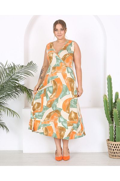 Butik Nilyam Plus Size Women's Maxi Dress - Watercolor Pattern, Sleeveless, Double Breasted Collar 24134
