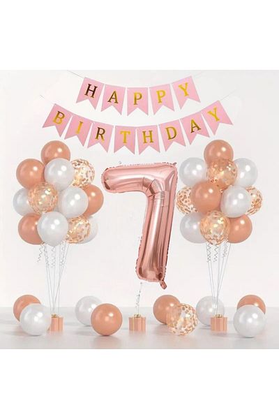 Konsept Sepeti 7 Year Old Rosegold Balloon Set - White Balloon with Confetti, Happy Birthday Banner (WITH BALLON BAND GIFT)
