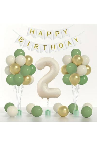 Konsept Sepeti 2 Years Old Retro Mold Green Chrome Gold Sea Sand Balloon Set - Happy Birthday Banner (WITH BALLON BAND GIFT)